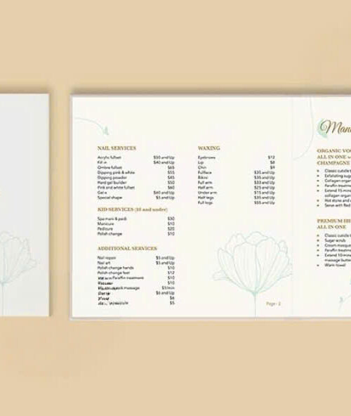 Menu Spa Cao Cấp Bìa Cứng Cán Mờ – Bảng Giá Dịch Vụ Spa Sang Trọng